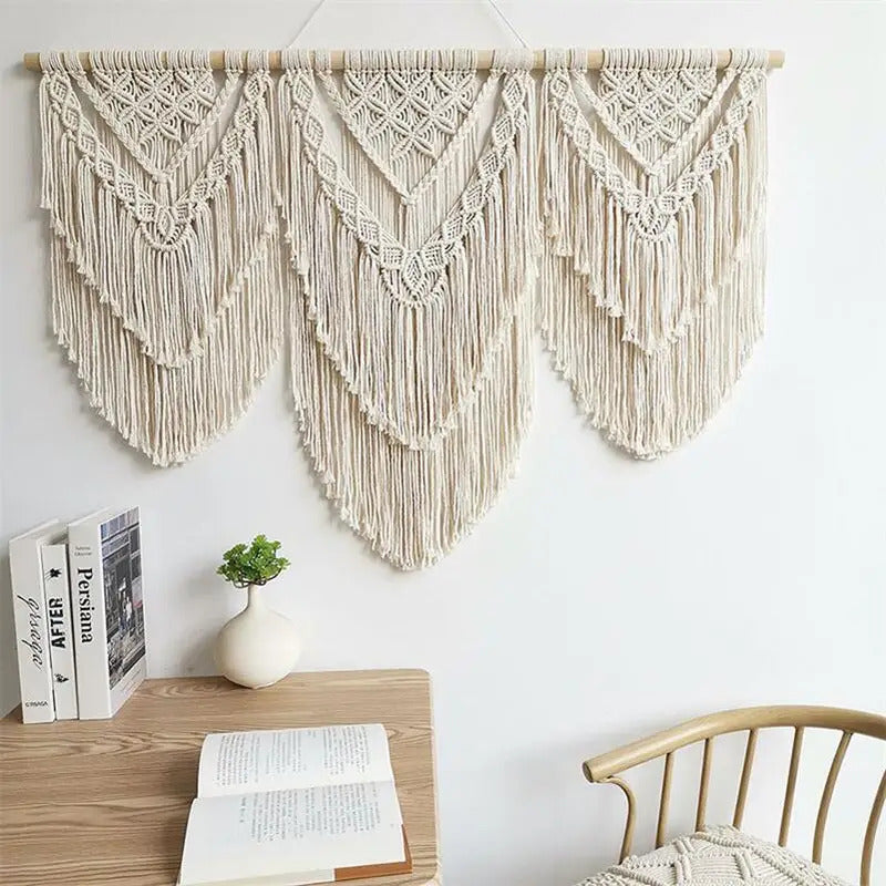 Handwoven Beaded Wall Hanging Tapestry Curtain Fabric - Detail View