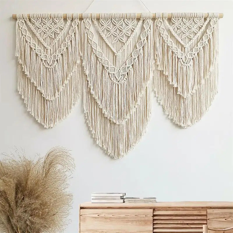 Handwoven Beaded Wall Hanging Tapestry Curtain Fabric - Front View
