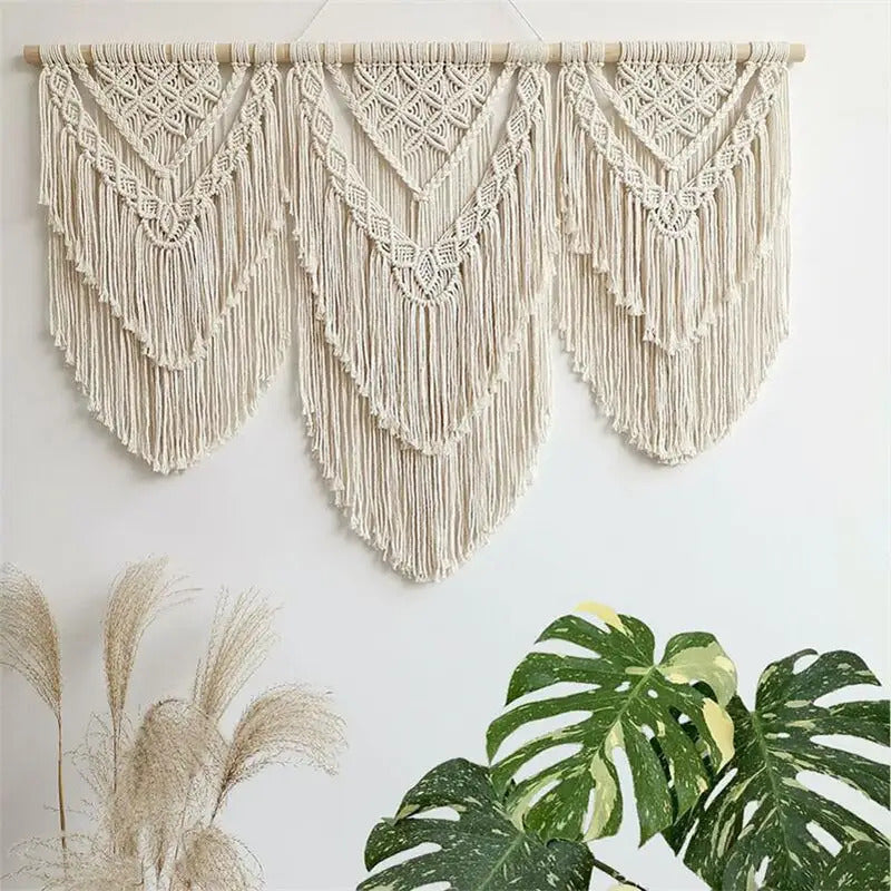 Handwoven Beaded Wall Hanging Tapestry Curtain Fabric - Close-up Detail